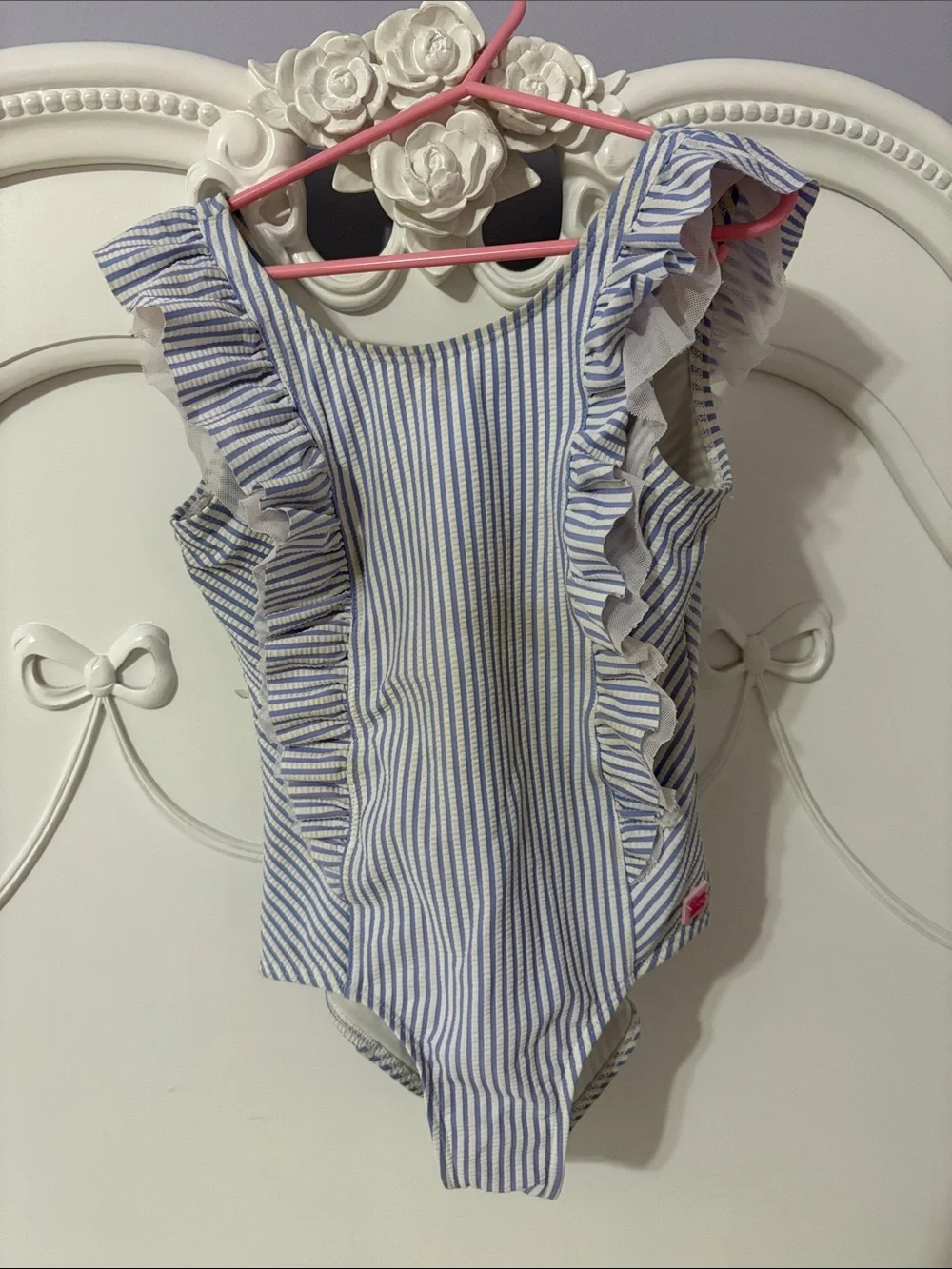 Girls' Blue & White Striped Ruffle butts One-Piece Swimsuit